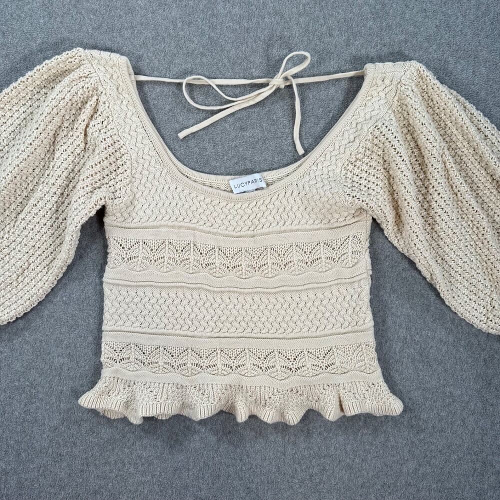 Lucy Paris Knit Puff Sleeve Blouse Women's XS Beige Ruffle Hem Tie Back Boho